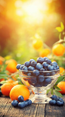 Fresh blueberries in transparent glass bowl on rustic wooden table with ripe oranges and warm sunlight in garden setting