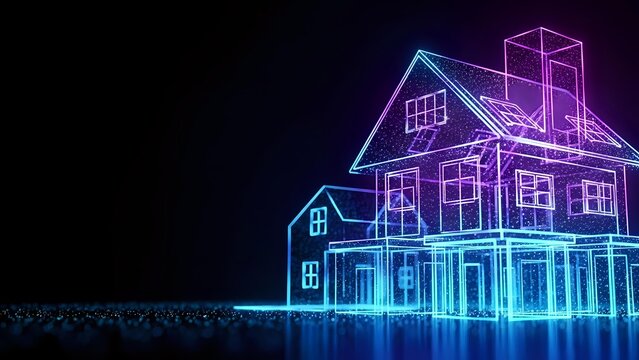 Futuristic neon wireframe house glowing in blue and purple lights on dark background for real estate technology concepts.