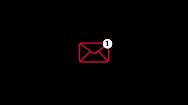 Red envelope icon with notification badge for one new message on black background email inbox