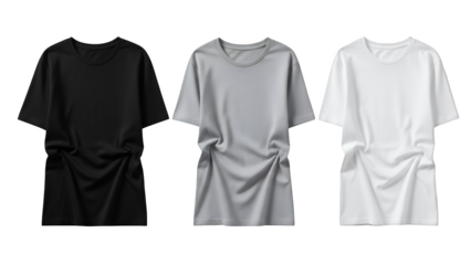Three t‑shirts black gray white isolated on transparent background studio front minimalist row photo
