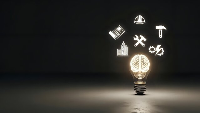 Glowing brain lightbulb with floating construction icons on dark background representing innovative building solutions and creative engineering concepts.