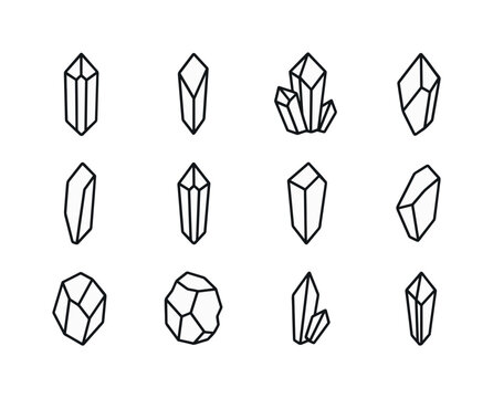 Crystal Icon Set. Crystal cluster pieces. Line icon set of Crystal cluster pieces: point crystal, side facet shard, cluster tip, inner shard, split crystal,