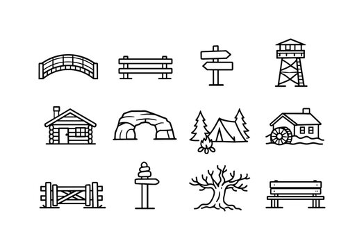 Valley Landmark Icons. Valley Landmarks. Line icon set of Valley Landmarks: footbridge, wooden fence, viewpoint sign, lookout tower, cabin, stone arch,
