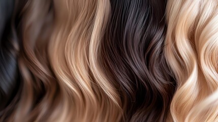 Fototapeta premium Luxurious wavy hair extensions in blonde, brunette and black colors showcasing natural texture and shine for salon and beauty industry applications.