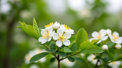 Fototapeta premium Captivating close-up of delicate white blossoms with vibrant yellow centers and lush green leaves, beautifully showcasing the fresh tranquility of spring nature