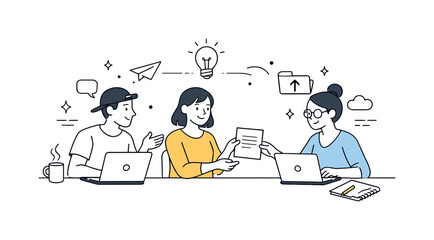 Collaborative Freelance Workspace. Freelancers working together. Independent professionals collaborating at a shared workspace, exchanging ideas and files.