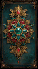 Ornate oriental mandala with gold filigree, lotus motifs and gemstone accents on deep turquoise textured background creating a luxurious symmetrical design