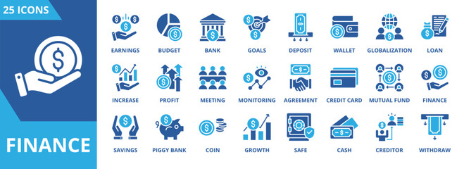 Finance icon collection set. Containing earnings, budget, bank, financial, deposit, wallet, globalization, loan icon. Simple flat vector