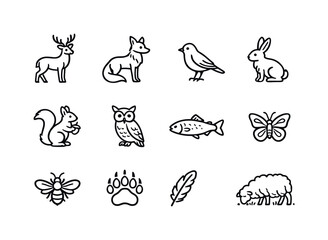 Fototapeta premium Valley Wildlife Icons. Valley wildlife. Line icon set of Valley wildlife: deer, fox, bird, rabbit, squirrel, owl, fish, butterfly, bee, bear paw print,