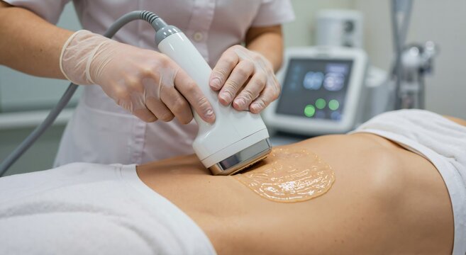 Woman receiving ultrasonic cavitation treatment on her abdomen. Practitioner performing body sculpting procedure with modern cosmetology device. Weight loss concept.