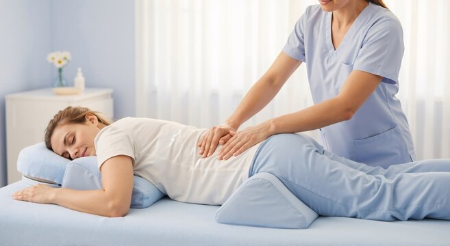 Woman therapist giving back and lower body massage to woman patient. Rehabilitation and pain relief concept. Physiotherapy and chiropractic.