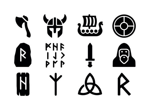 Viking Rune Icons. Viking rune set. Solid icon set of Viking rune set: axe rune, warrior mark, ship rune, shield rune, rune stone, ancient script, sword icon,