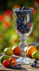 Fresh blueberries in elegant transparent glass goblet on rustic wooden table surrounded by colorful fruits in warm natural sunlight
