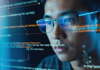 Young Asian man wearing glasses focused glowing computer code a dark blue with digital data streams