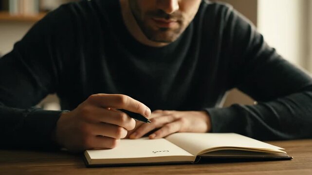 A person uses a pen to write in a notebook on a wooden surface. Details of hand, pen and paper are visible