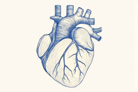 Detailed blue ink sketch of a human heart with visible arteries and veins. An artistic rendering of the human heart, showcasing its intricate vascular system in a blue ink drawing style on a cream
