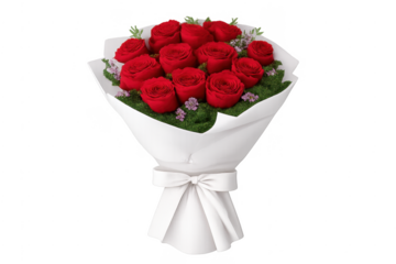 Red rose bouquet wrapped in white paper with ribbon