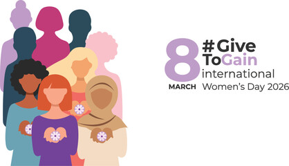International Women's Day illustration featuring a diverse group of women holding purple flowers with the hashtag #GiveToGain, promoting global solidarity.