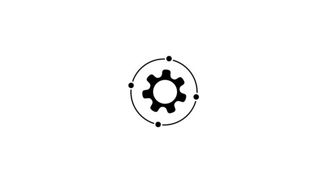 Black gear icon surrounded by a circle with four dots on white background cogwheel mechanism