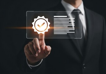 Businessman in a suit touching a digital screen displaying a quality assurance badge with a checkmark