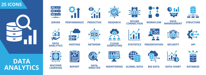 Data analytics icon collection set. Containing server, performance, predictive, research, secure connection, workflow, data management, structure icon. Simple flat vector