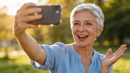 A smiling senior woman with short gray hair stands outdoors, gesturing with open hands. It conveys themes of joy, connection, and embracing life's simple pleasures in later years.