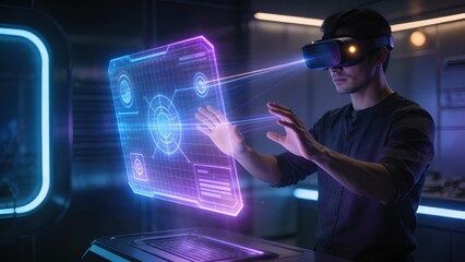 A man in a dark shirt interacts with holographic projections in a modern, tech-filled kitchen. It represents futuristic technology, innovation, and the blending of the digital and physical worlds.