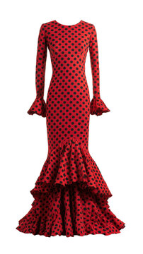 traje de flamenca, vestido rojo con lunares negros y volantes en mangas y parte baja, sobre fondo transparente o blanco. Concepto celebraciones y fiestas en andalucia, Espa&ntilde;a