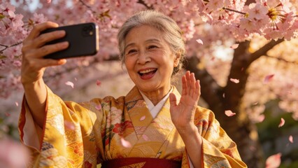 A smiling elderly woman in a traditional kimono waves while standing amidst blooming cherry blossoms.