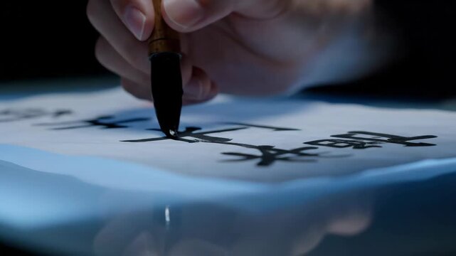 A hand gracefully holds a brush, carefully writing traditional calligraphy characters on a blank paper sheet