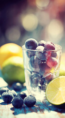 Fresh blueberries with frosty texture in clear glass on rustic surface with lime slice and colorful bokeh background