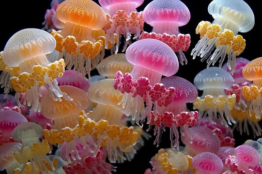 Undewater surreal group of colorful jellyfish 