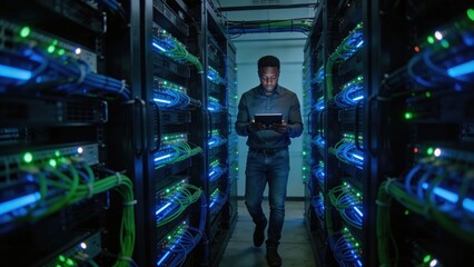 A man walks down a server room aisle, looking at a tablet. The scene conveys themes of technology, data management, and the digital age.