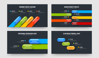 Consulting Development Four Five Two Three Element Diagram Slide Layout Vector Illustration Set. Visual Review 4 5 2 3 Step Infographic Presentation Design Bundle.