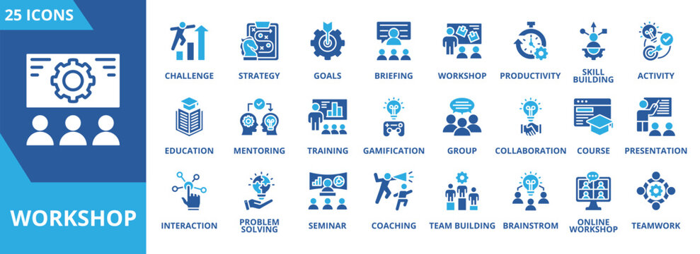 Workshop icon collection set. Containing challenge, strategy, briefing, goals, productivity, skill building, education, mentoring icon. Simple flat vector