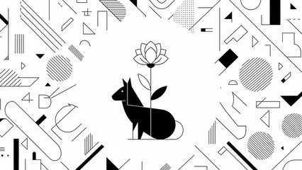 Abstract Geometric Pattern with Central Rabbit and Flower Illustration