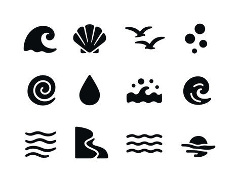 Ocean Ambience Icons. Ocean ambience. Solid icon set of ocean ambience: wave crest, shell icon, distant seagull, underwater bubble, soft tide swirl, splash