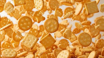 A dynamic background of mixed salty biscuits and crumbs floating in the air.
