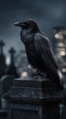 Obraz premium A raven perched on tombstone, reflections on death and the afterlife, cemetery at night
