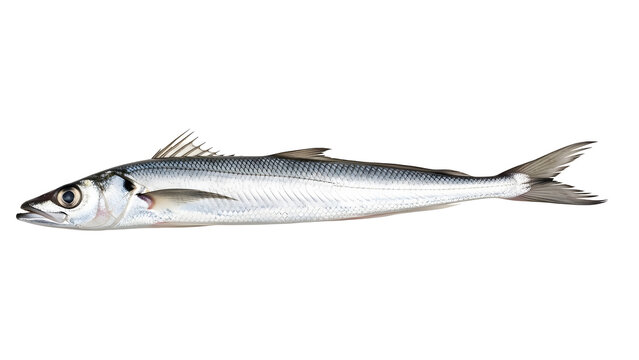 A detailed profile view of a whole raw hake isolated on a white background.