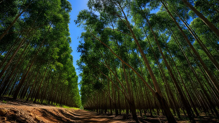 Explore the enchanting beauty of a serene eucalyptus forest, where towering trees create a mesmerizing canopy against the clear blue sky, a natural wonder.