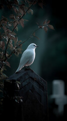 Obraz premium A white raven perched on tombstone, reflections on death and the afterlife, cemetery at night