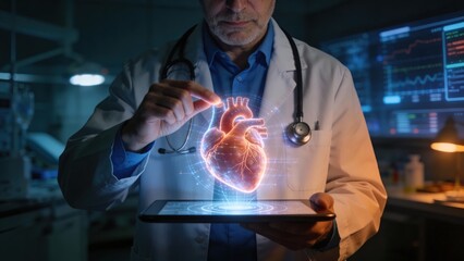 A doctor examines a holographic heart projection on a tablet, holding a stethoscope. It symbolizes advanced medical technology, diagnostics, and the future of healthcare.