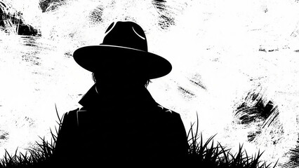 Enigmatic Silhouette: Mysterious Figure in Fedora & Trench Coat. Dramatic Black & White Noir Suspense Background.