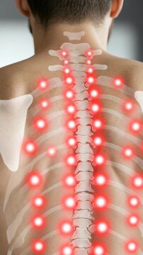 Male human back with visible skeletal structure, experiencing severe spinal pain. Red glowing spots indicate nerve inflammation on the vertebral column, signifying backache problem.