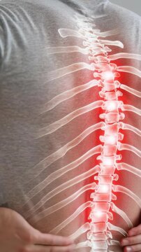 Human feeling acute back pain, clasping lower lumbar region. Glowing red highlights show inflamed spinal column and compressed nerves, revealing internal body distress.