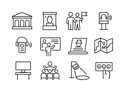 Exhibition Icon Set. Exhibitions and Learning Experiences. Line icon set of Exhibitions and Learning Experiences: exhibit hall, display case, guided tour icon,