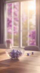 Fresh blueberries in transparent glass bowl on wooden table with soft sunlight and cozy home interior background