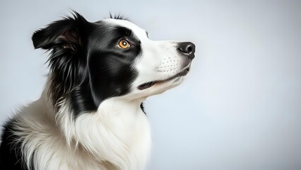 Fototapeta premium Border collie dog portrait with black and white fur and amber eyes on neutral background for pet photography and animal lover designs.