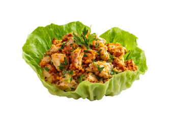 Healthy Chicken Salad Served in a Crisp Lettuce Leaf Cup isolated on a transparent background	.
